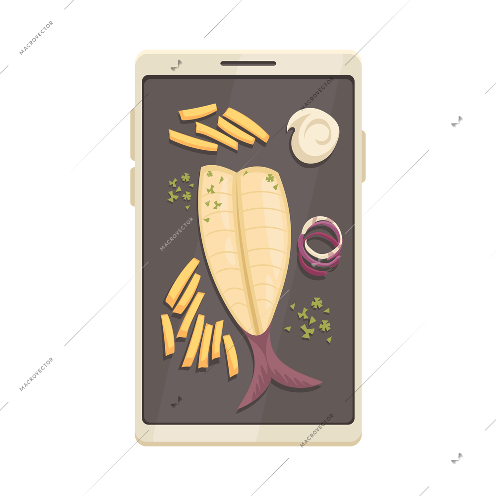 Cooking school courses composition with top view of smartphone with dish ingredients images vector illustration