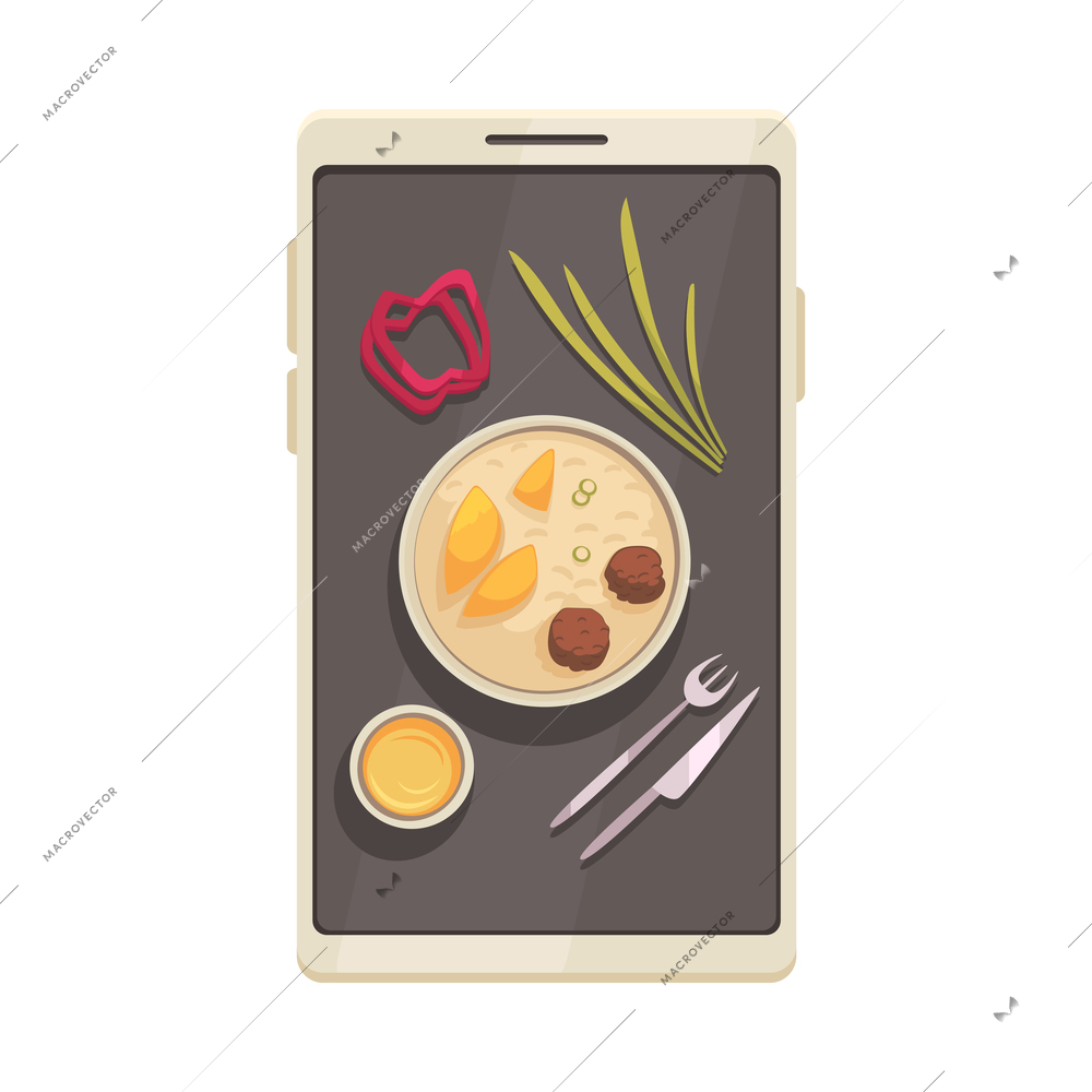 Cooking school courses composition with top view of smartphone with dish ingredients images vector illustration