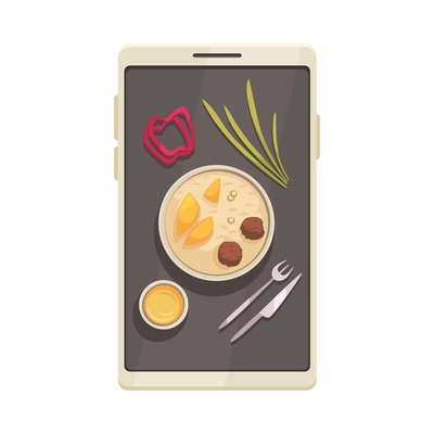 Cooking school courses composition with top view of smartphone with dish ingredients images vector illustration