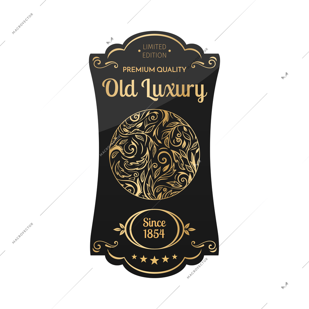 Retro luxury black and golden label composition with isolated sticker for alcoholic beverage drink bottle vector illustration