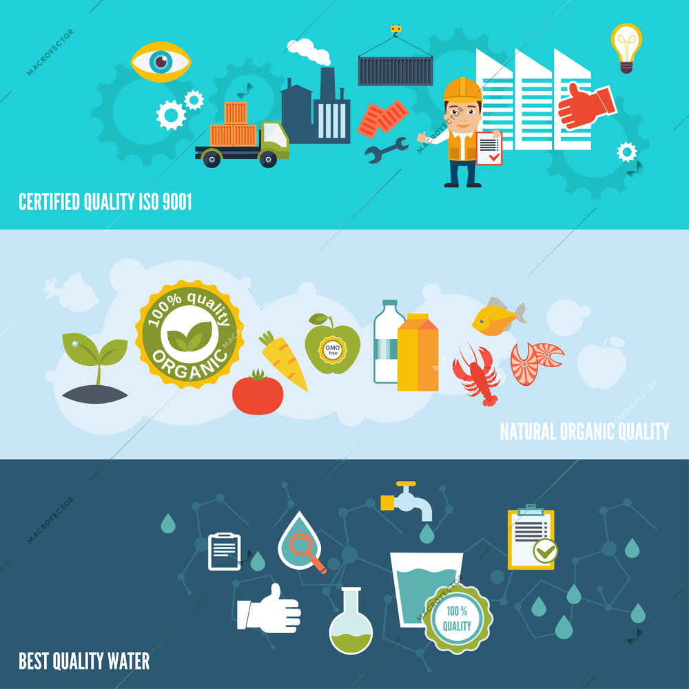 Quality control banners set with certified quality natural organic best water isolated vector illustration