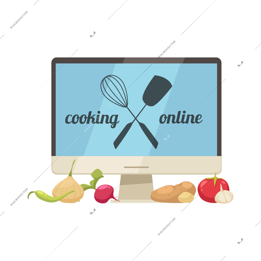 Cooking school courses composition with image of desktop computer with vegetables vector illustration