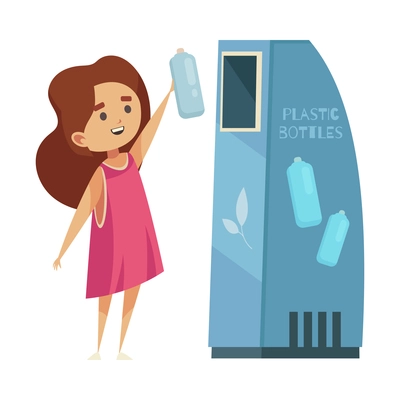 Eco zero waste sorting composition with isolated image of trash bin for plastic bottles with cartoon girl vector illustration