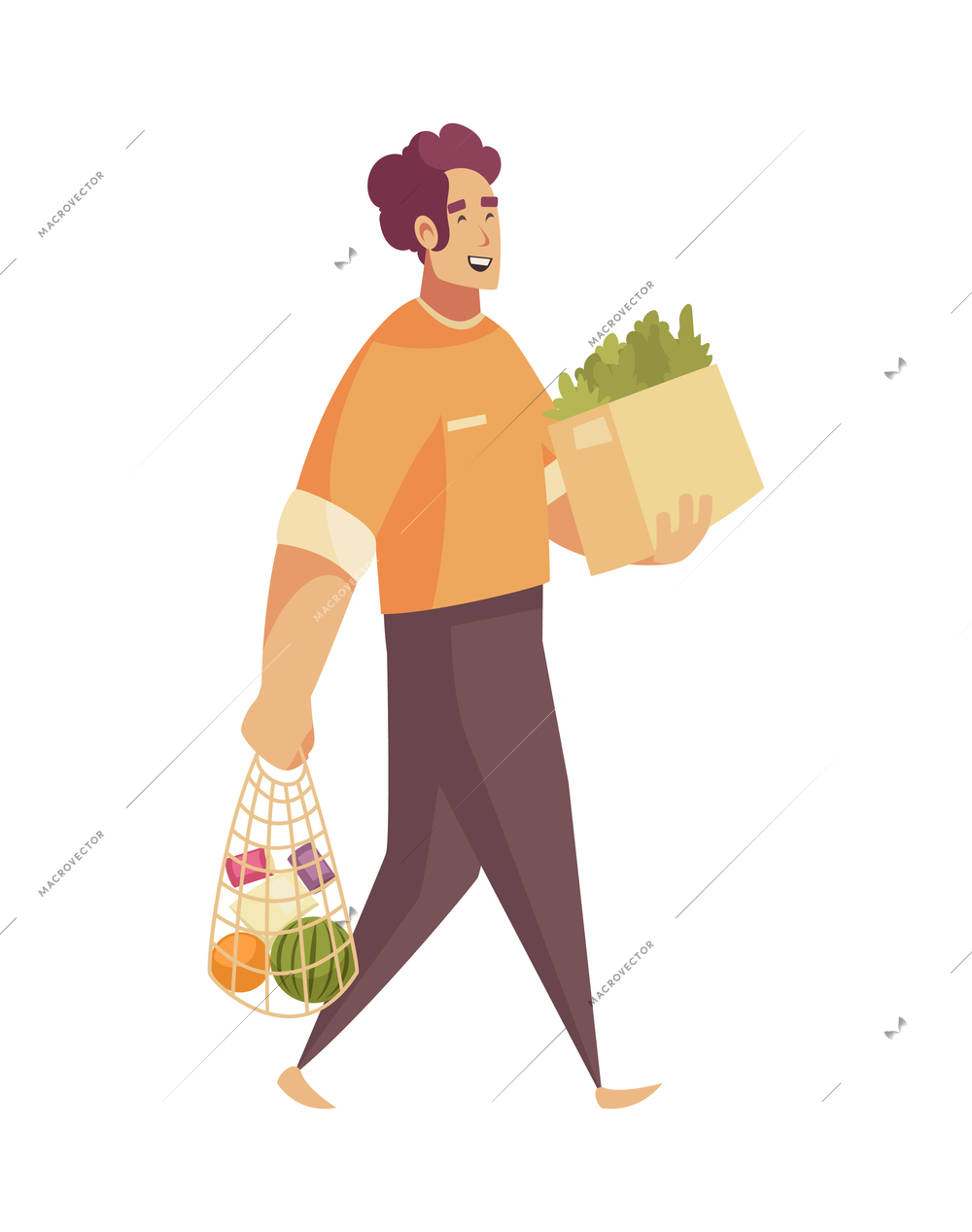 Eco zero waste sorting composition with isolated male character carrying products in eco bags vector illustration