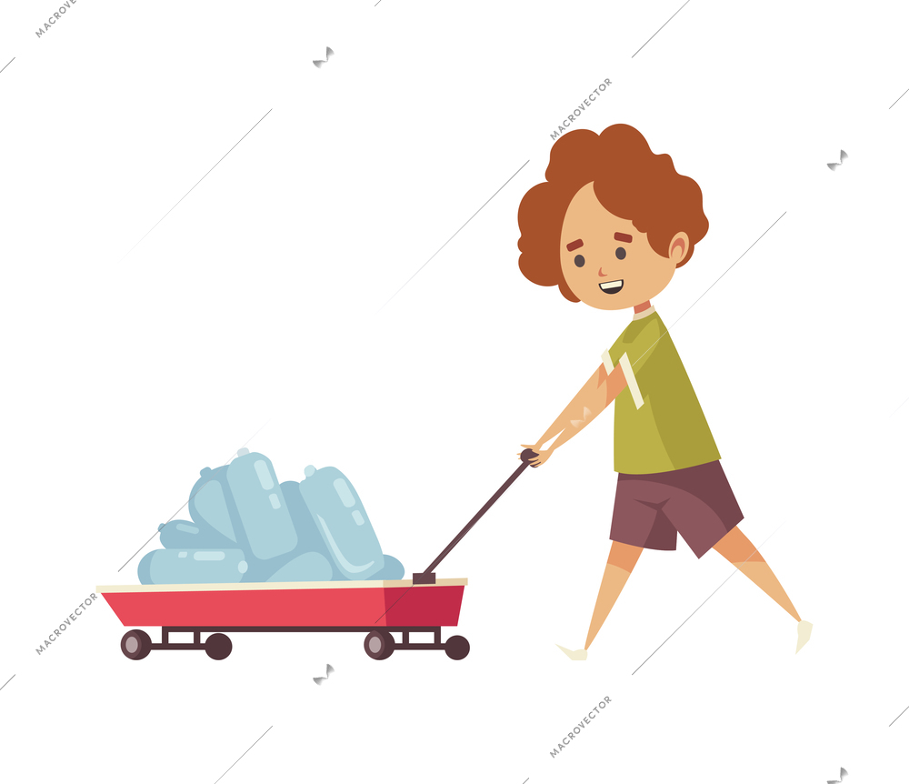 Eco zero waste sorting composition with cartoon style boy carrying wheelbarrow with plastic bottles vector illustration