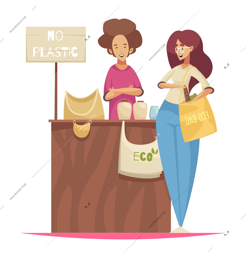 Eco zero waste sorting composition with isolated image of market stall selling eco friendly goods with buyer vector illustration
