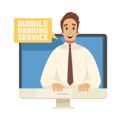 Online mobile bank composition with human character of support agent leaning out of computer screen vector illustration