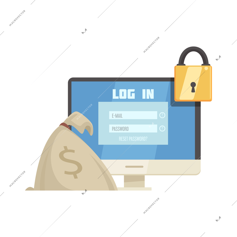 Online mobile bank composition with computer login page and images of lock with money sack vector illustration