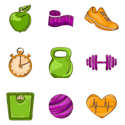 Fitness bodybuilding diet colored sketch icons set with kettlebell weight stopwatch isolated vector illustration