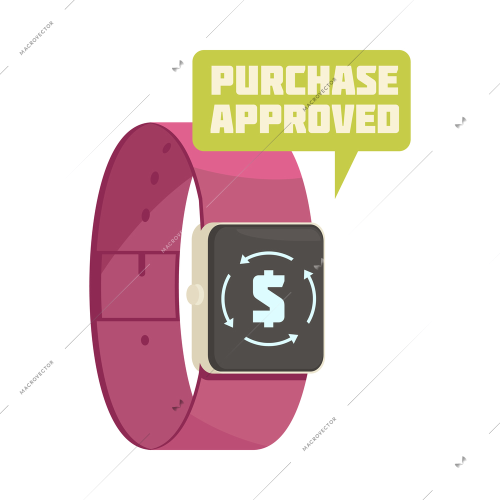 Online mobile bank composition with image of smart watches on bracelet with purchase approved bubble vector illustration