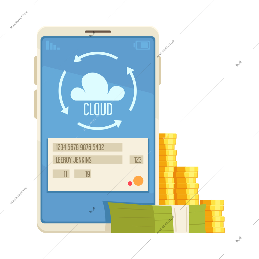 Online mobile bank composition with image of smartphone with cloud sync icon and stacks of cash vector illustration
