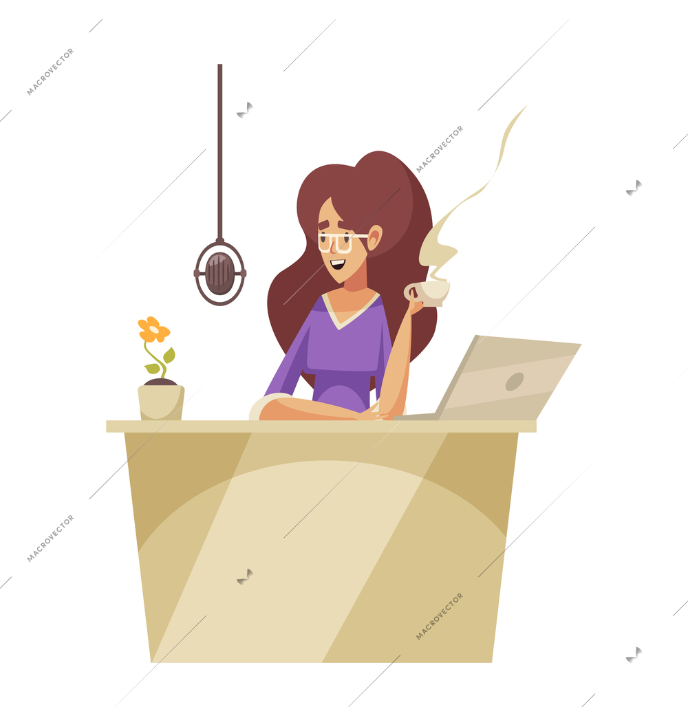 Radio studio recording composition with human character of female host with microphone and coffee vector illustration