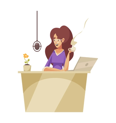 Radio studio recording composition with human character of female host with microphone and coffee vector illustration