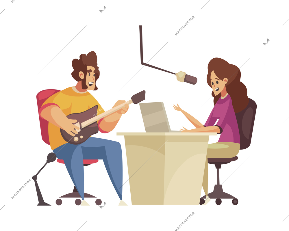 Radio studio recording music composition with characters of guest musician playing guitar and host vector illustration