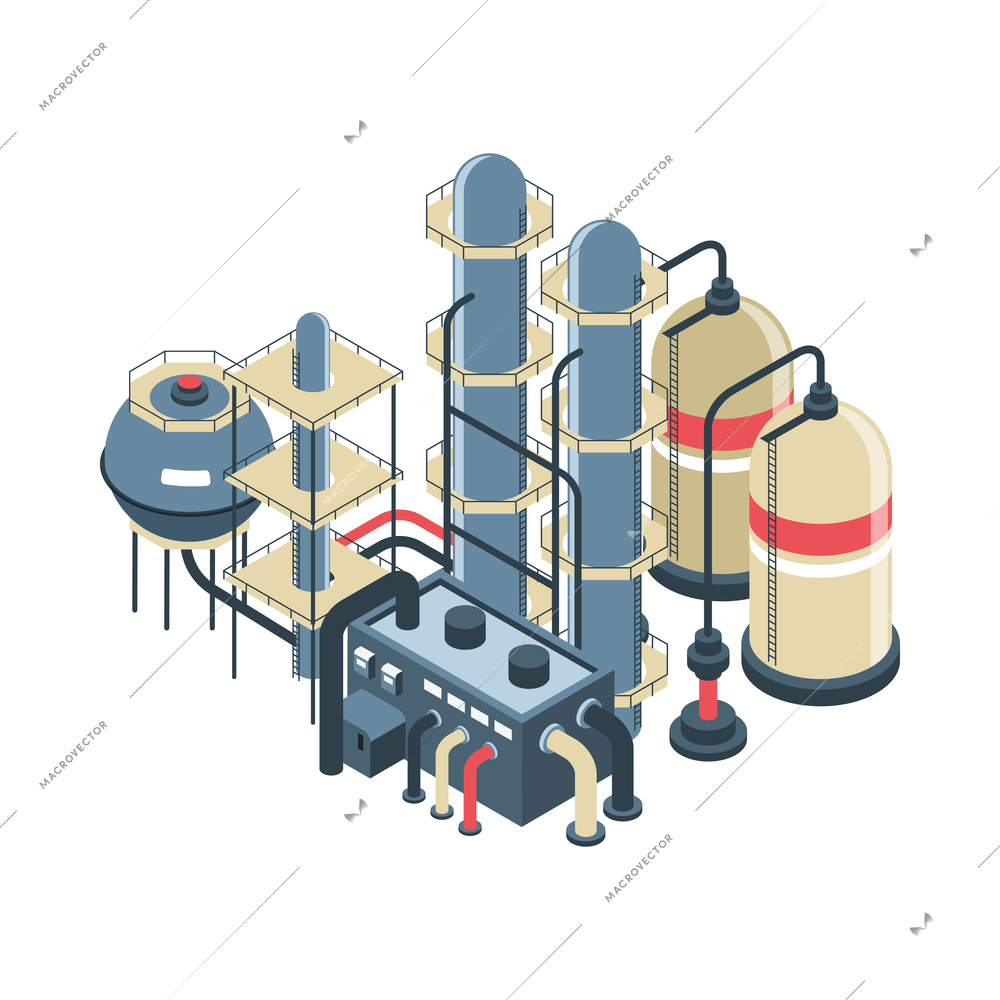 Isometric oil petroleum industry composition with isolated image of plant facilities on blank background vector illustration