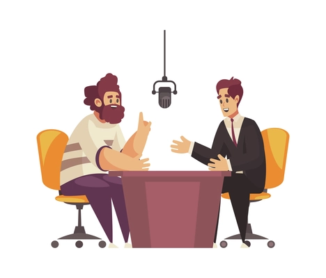 Radio studio recording composition with characters of guest and talk show host talking in one microphone vector illustration