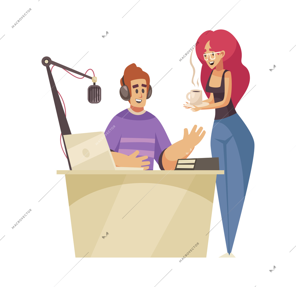 Radio studio recording composition with radio host working place and sercetary bringing him coffee vector illustration