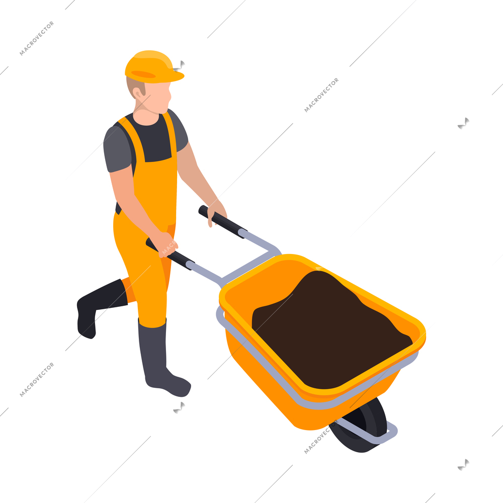 Road construction isometric composition with character of builder in uniform carrying barrow vector illustration