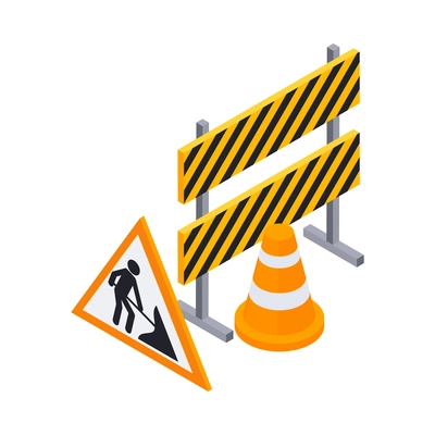 Road construction isometric composition with images of barrier traffic cone and traffic sign vector illustration