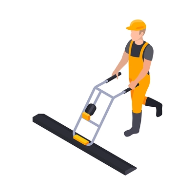 Road construction isometric composition with character of builder with surface smoothing equipment vector illustration