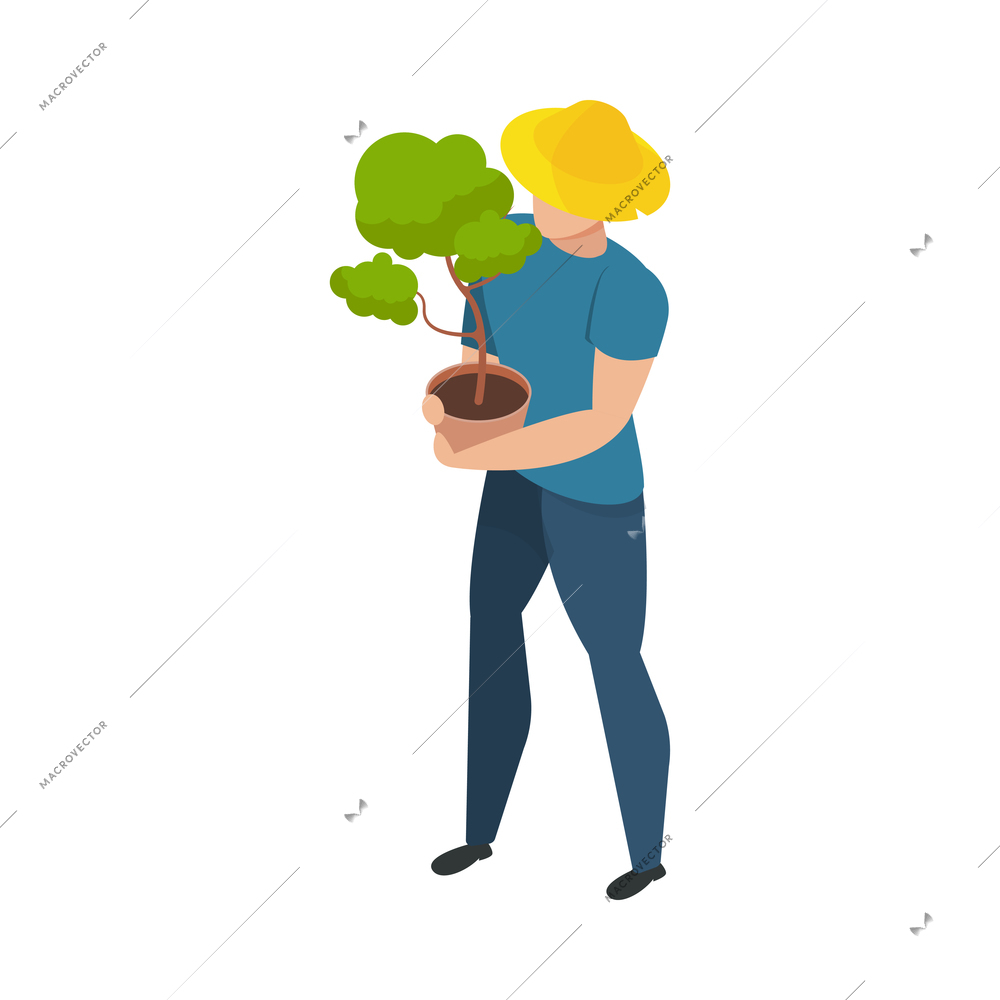Bazaar isometric composition with isolated human character holding pot plant vector illustration