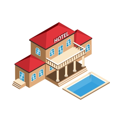 Isometric tourist agency composition with isolated images of hotel building with pool on blank background vector illustration