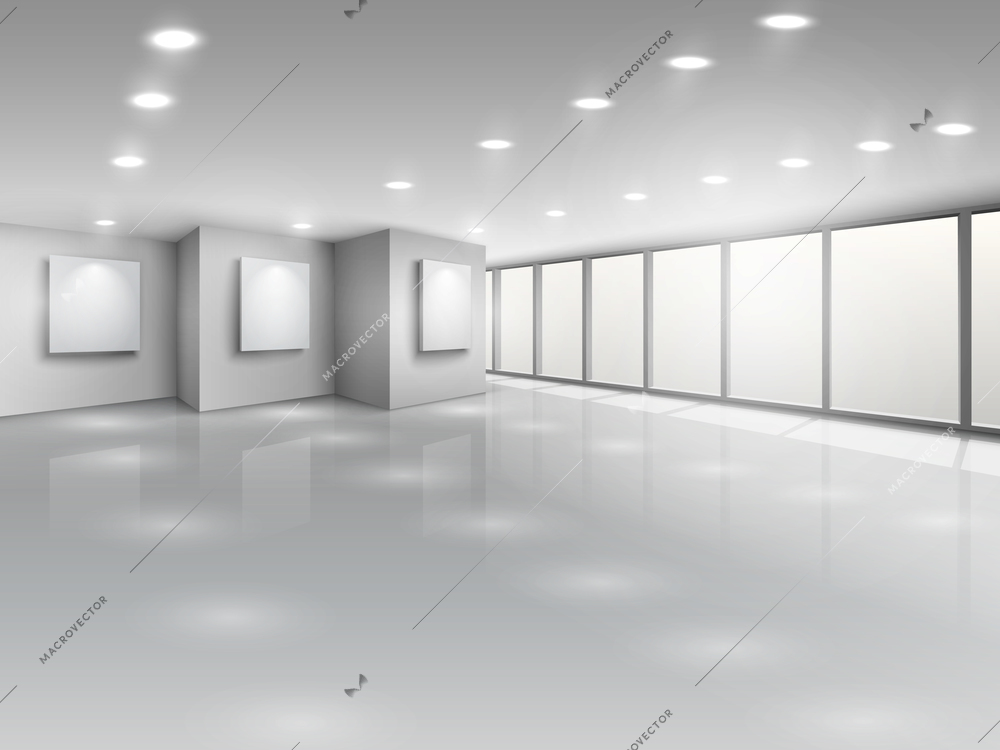 Empty gallery interior with light windows vector illustration