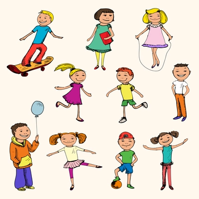 Children boys and girls sports colored sketch characters set isolated vector illustration