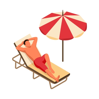 Isometric tourist agency composition with isolated man on lounge chair under unbrella on blank background vector illustration