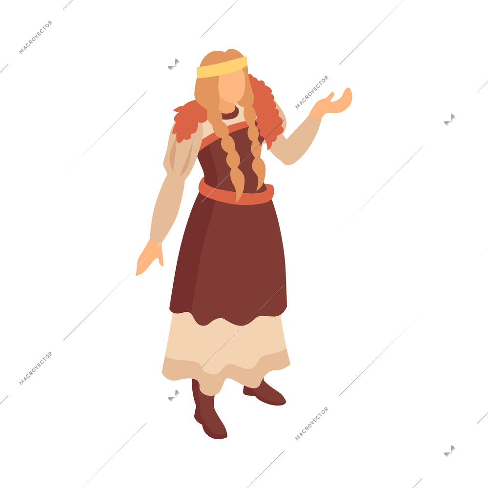 Isometric viking composition with isolated character of woman in traditional dress on blank background vector illustration