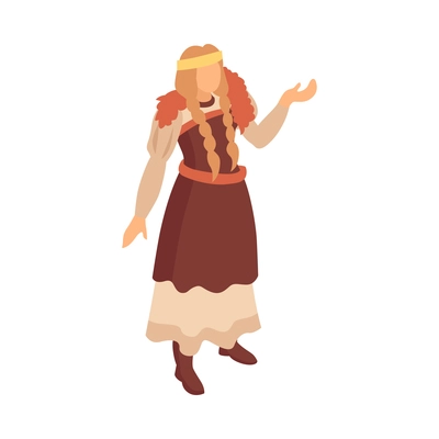 Isometric viking composition with isolated character of woman in traditional dress on blank background vector illustration