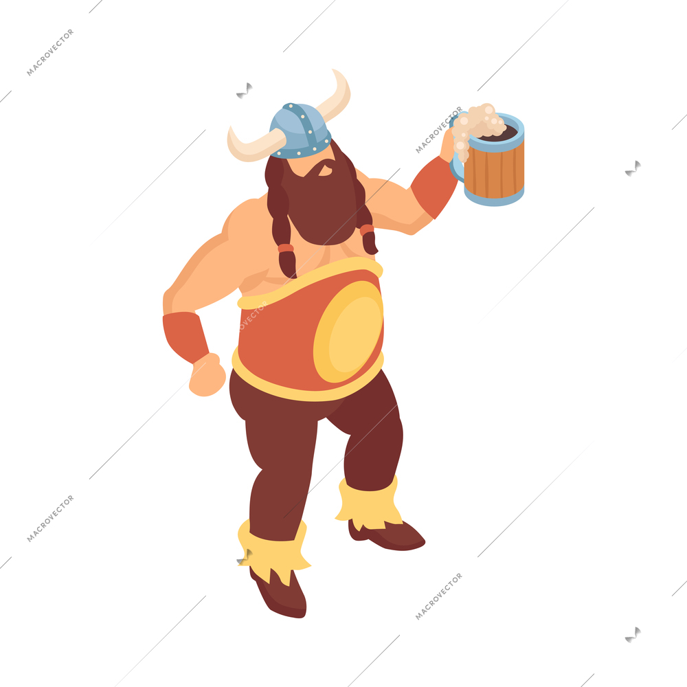 Isometric viking composition with isolated character of bearded man in helmet drinking beer vector illustration