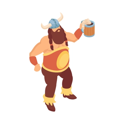 Isometric viking composition with isolated character of bearded man in helmet drinking beer vector illustration