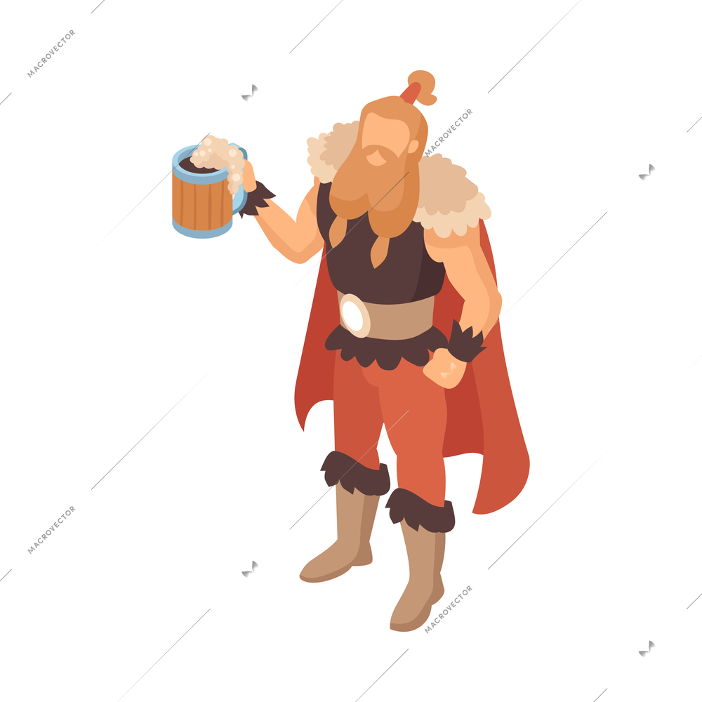 Isometric viking composition with isolated character of bearded man holding beer mug vector illustration