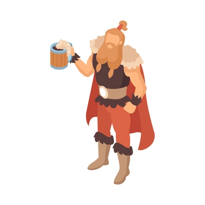 Isometric viking composition with isolated character of bearded man holding beer mug vector illustration