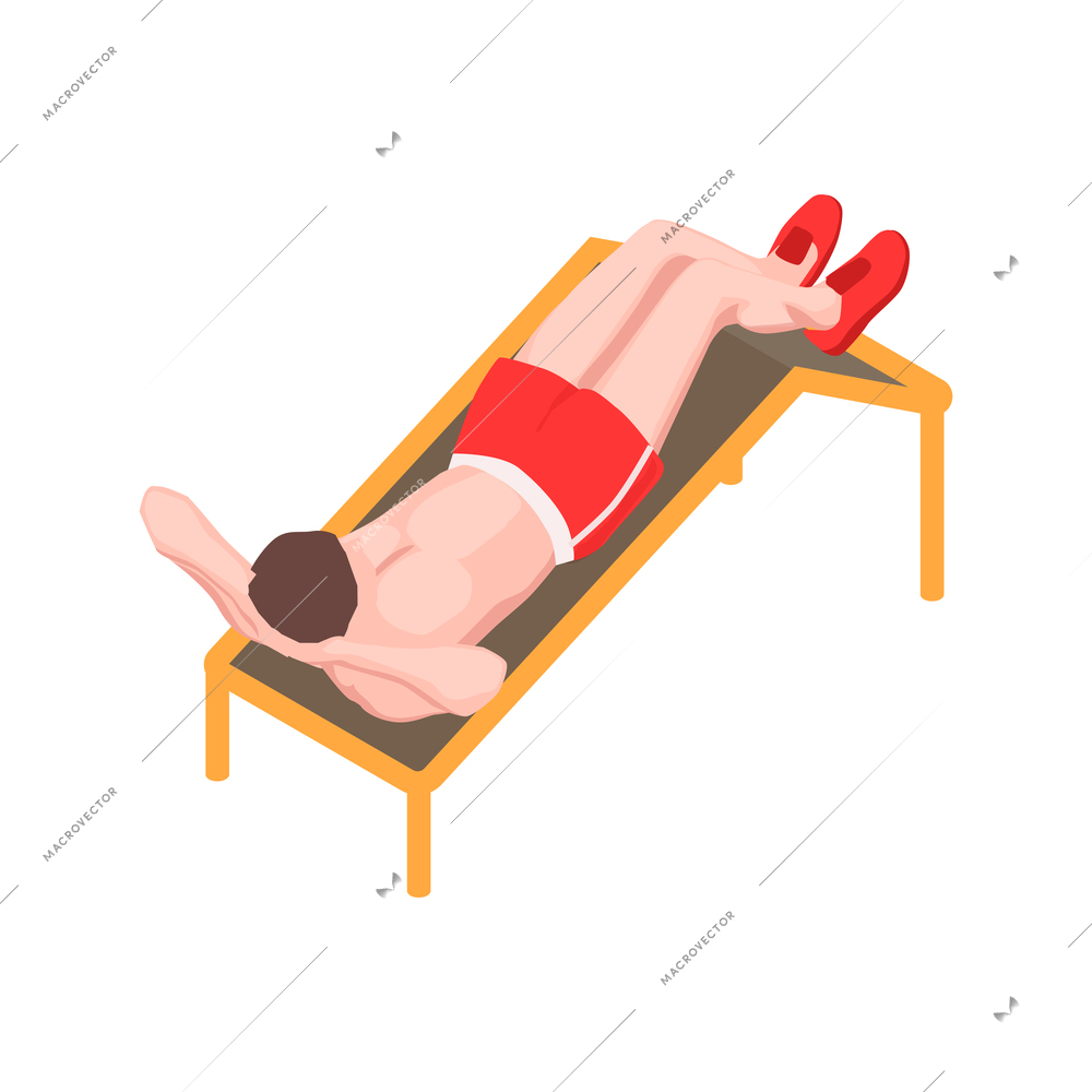 Workout isometric people composition with character of male athlete doing abdominal crunches on board vector illustration