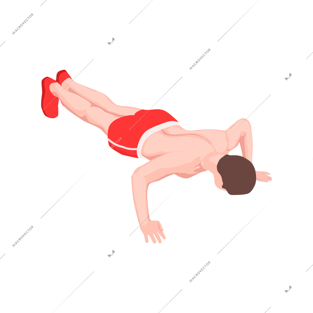 Workout isometric people composition with character of male athlete performing push ups vector illustration