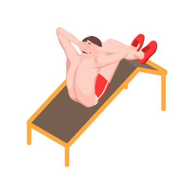 Workout isometric people composition with character of male athlete doing abdominal crunches on board vector illustration