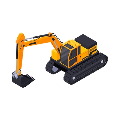 Road construction isometric composition with isolated image of orange excavator vector illustration
