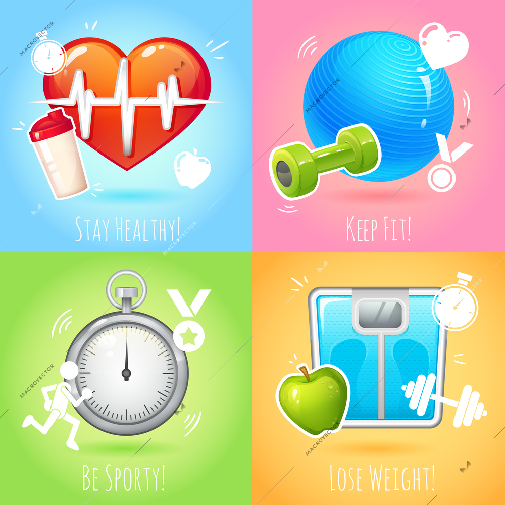 Healthy lifestyle  keep fit lose weight mini posters set isolated vector illustration