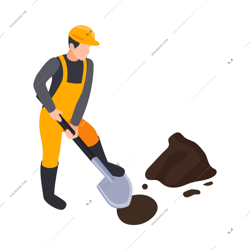 Road construction isometric composition with human character of builder digging ground vector illustration