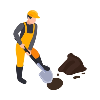 Road construction isometric composition with human character of builder digging ground vector illustration