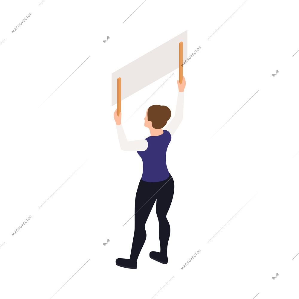 Trade labor union employee right protection composition with isometric person defending their rights holding placard vector illustration