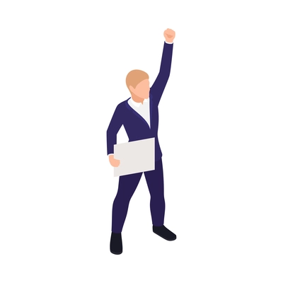 Trade labor union employee right protection composition with isometric person defending their rights holding placard vector illustration