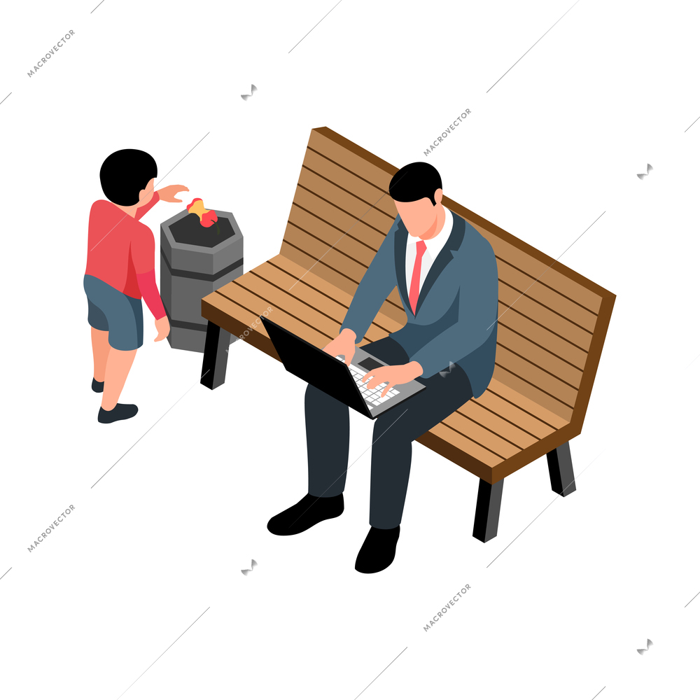 Isometric garbage waste recycling composition with man sitting on park bench and boy dropping apple into bin vector illustration