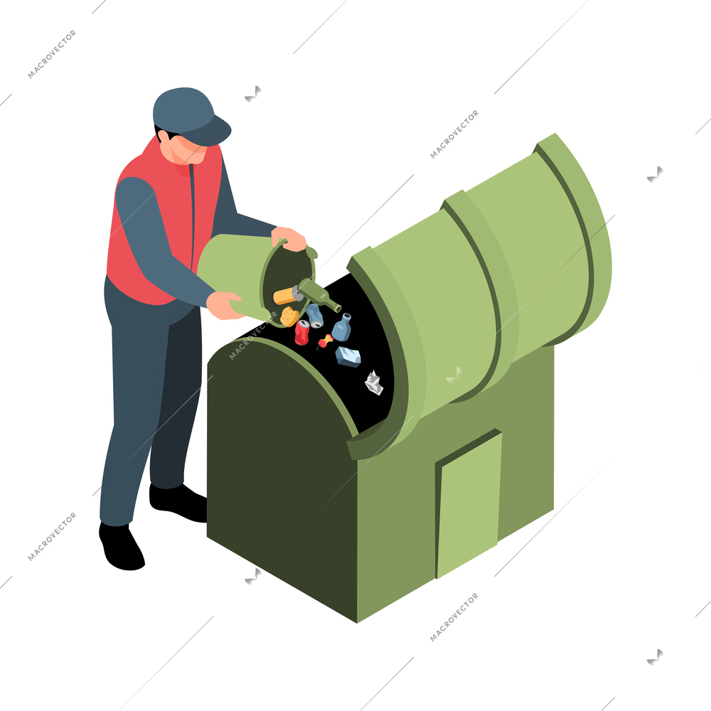 Isometric garbage waste recycling composition with man pouring litter from bucket to container vector illustration