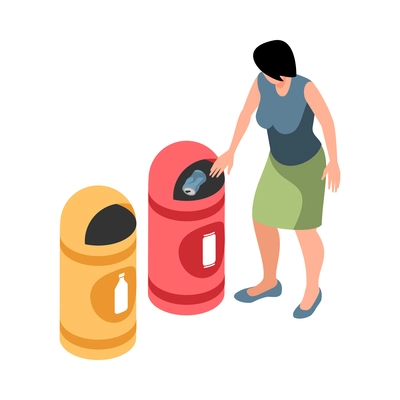 Isometric garbage waste recycling composition with woman dropping litter to one of two separated trash bins vector illustration