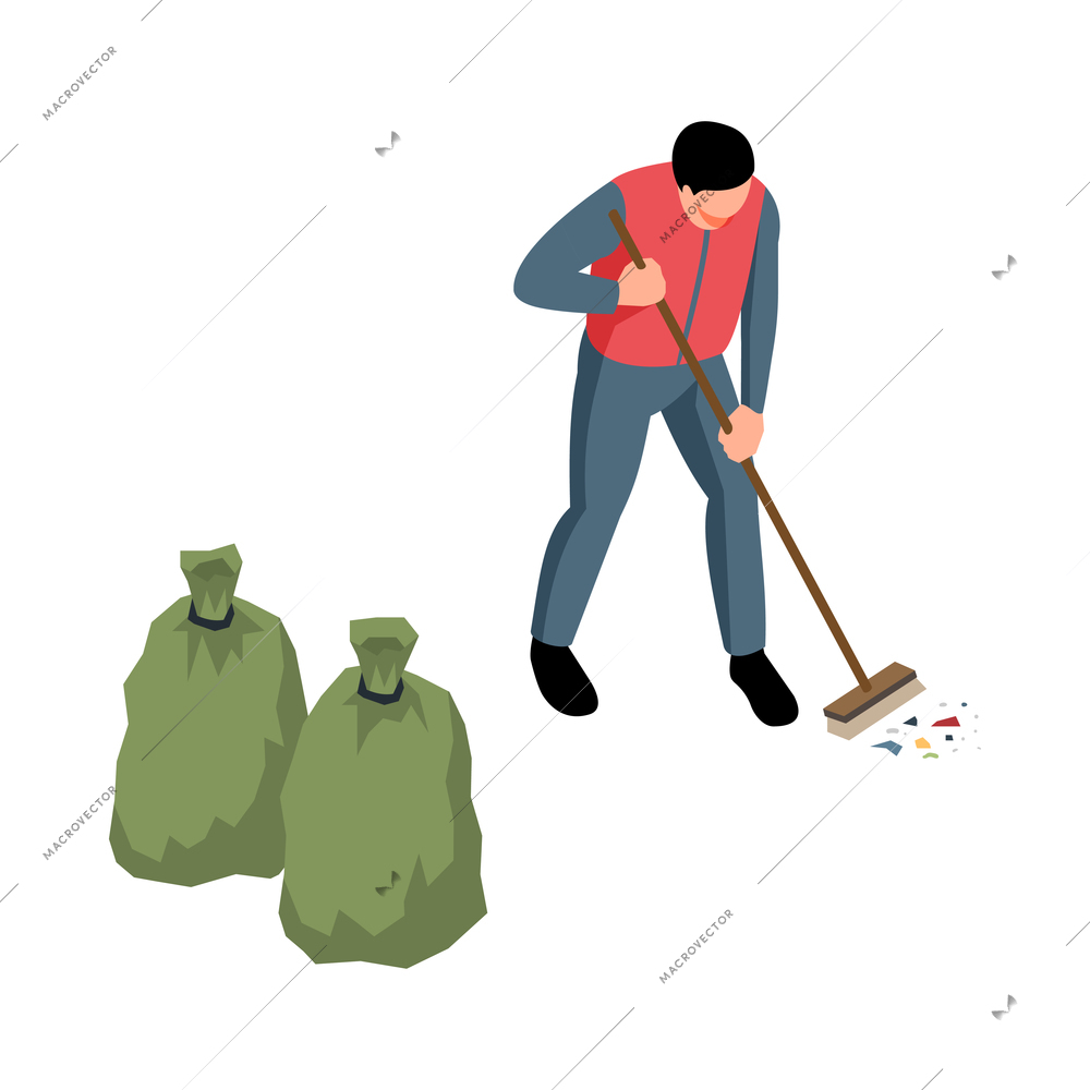 Isometric garbage waste recycling composition with male character sweeping street with trash bags vector illustration