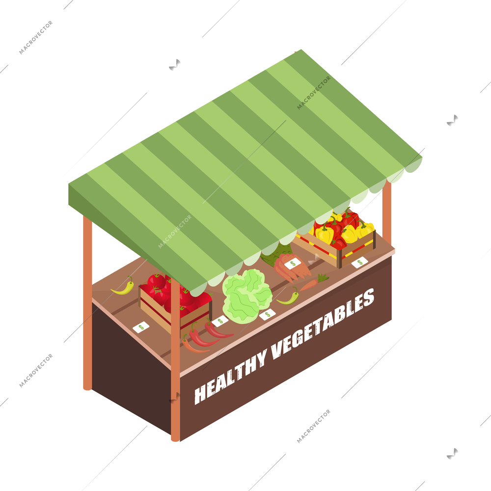 Bazaar isometric composition with isolated image of market stall on blank background vector illustration