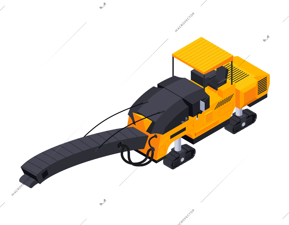 Road construction isometric composition with isolated image of orange bulldozer vector illustration